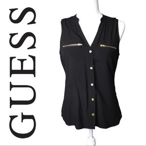 G by Guess Black Button Up Sleeveless Blouse